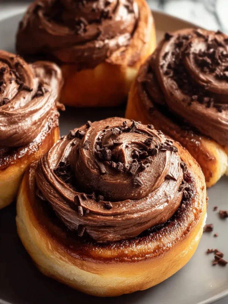 Chocolate cinnamon rolls with chocolate cream cheese frosting First Image